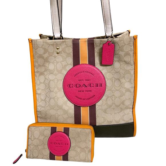 COACH DEMPSEY SET Khaki SIS NS Signature Tote #1917 & Zip Around Wallet #3473 - Picture 1 of 16